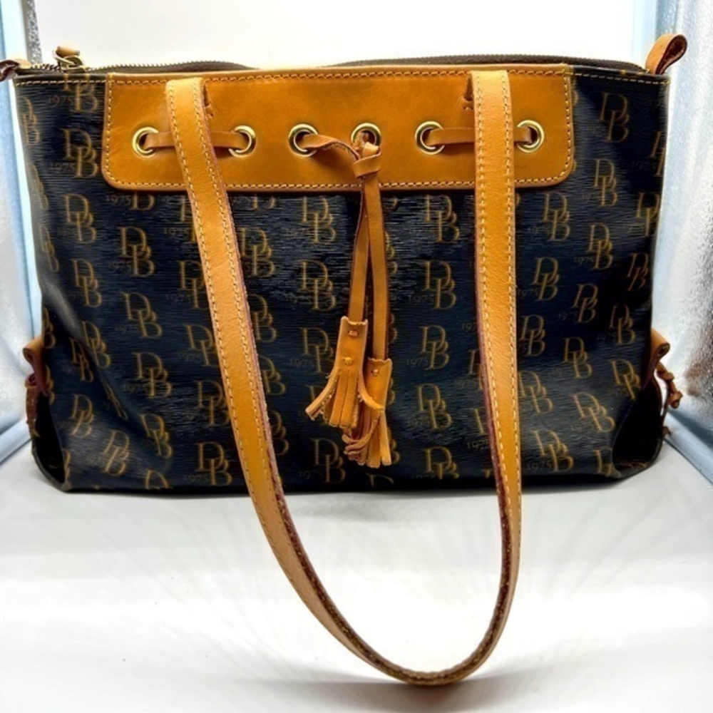 Dooney and Bourke Signature Logo Black and Tan Leather Shoulder Bag